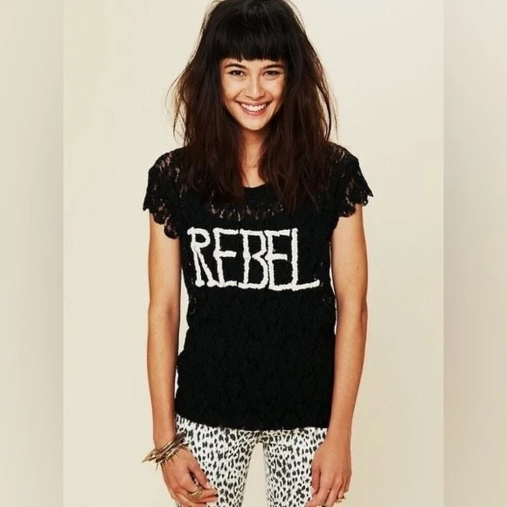 Free People Rebel in Lace Tee in Black Short Sleeve Top XS